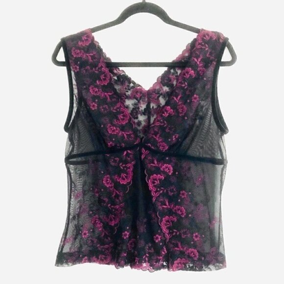 Sheer Mesh Tank S Embroidered Floral Velvet Trim Burgundy Black Sexy Intimate - Picture 1 of 8